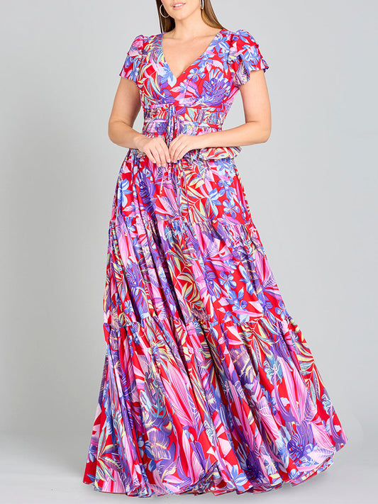 V-Neck Long Print Gown with Cap Sleeves - OUTLET Lara New York