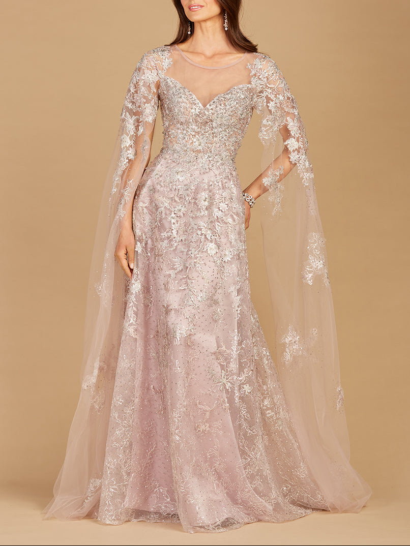 Lace Gown with Cape Sleeves, Sweetheart Neckline | 29300 Lara New York