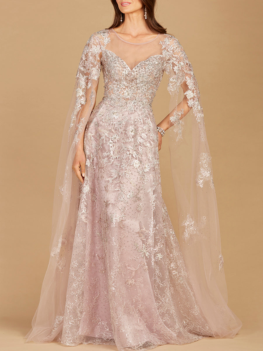 Lace Gown with Cape Sleeves, Sweetheart Neckline | 29300 Lara New York