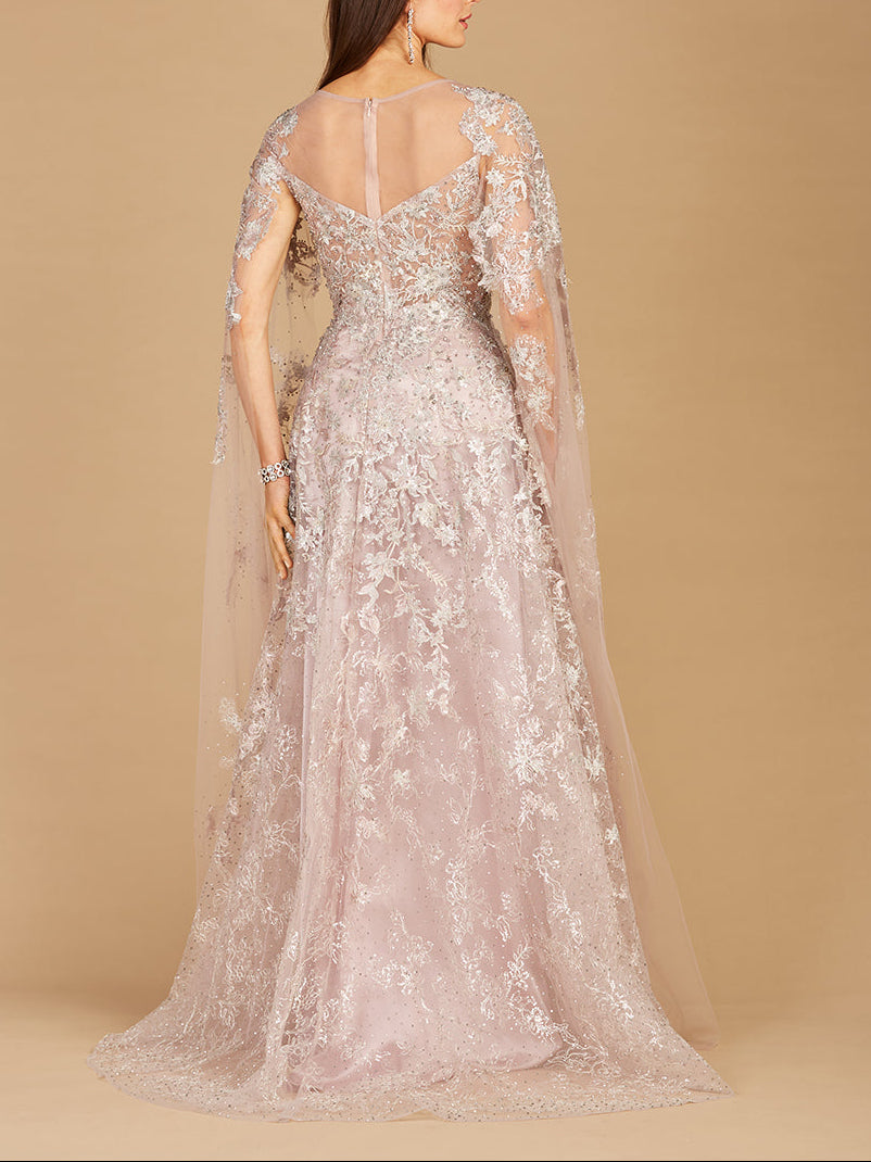 Lace Gown with Cape Sleeves, Sweetheart Neckline | 29300 Lara New York