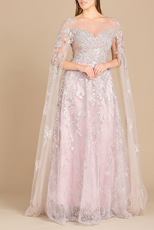 Lace Gown with Cape Sleeves, Sweetheart Neckline | 29300 Lara New York