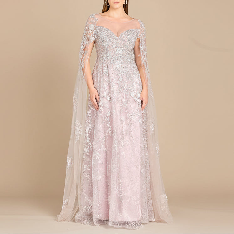Lace Gown with Cape Sleeves, Sweetheart Neckline | 29300 Lara New York