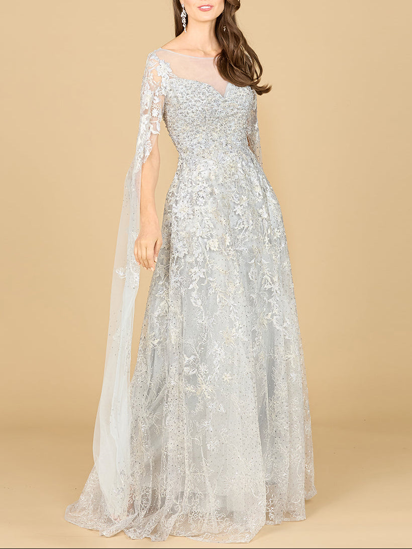 Lace Gown with Cape Sleeves, Sweetheart Neckline | 29300 Lara New York