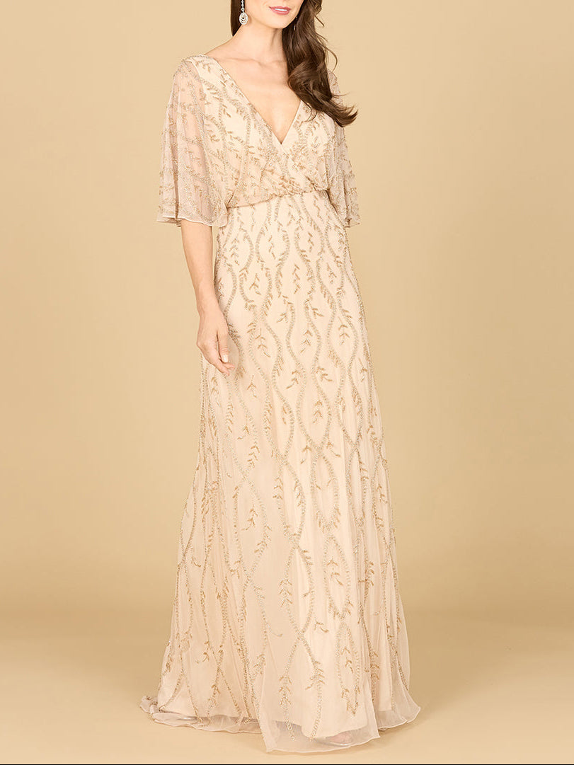 Illusion Cape Sleeve Beaded Gown Lara New York