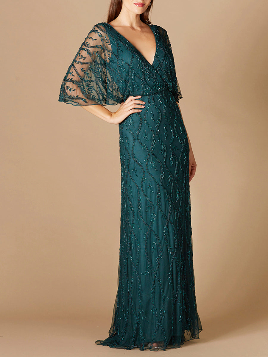 Illusion Cape Sleeve Beaded Gown Lara New York
