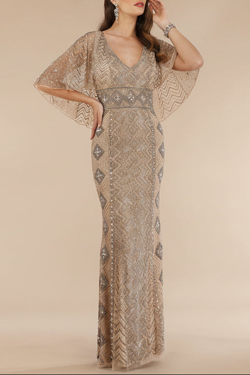 Lara 29397 - Cape Sleeve V-Neck Beaded Gown  - OUTLET Lara New York