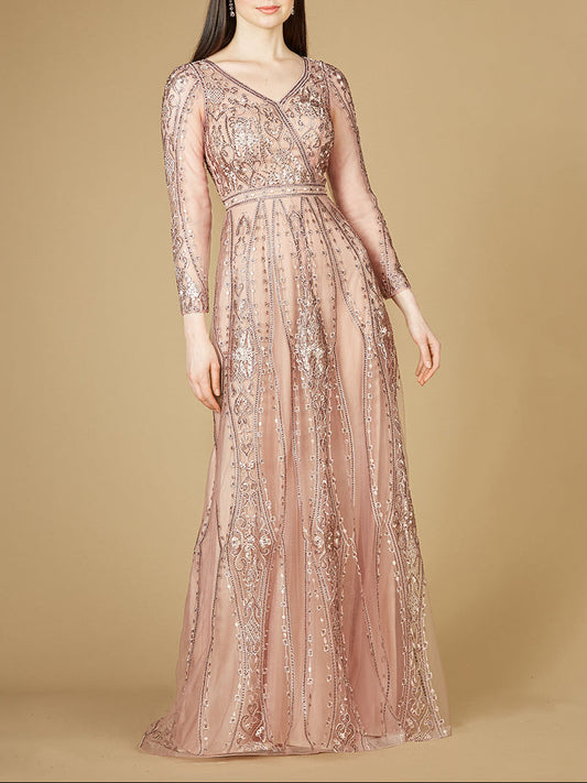 Lara 29788 - Long Illusion Sleeves, A-line Long Gown Lara New York