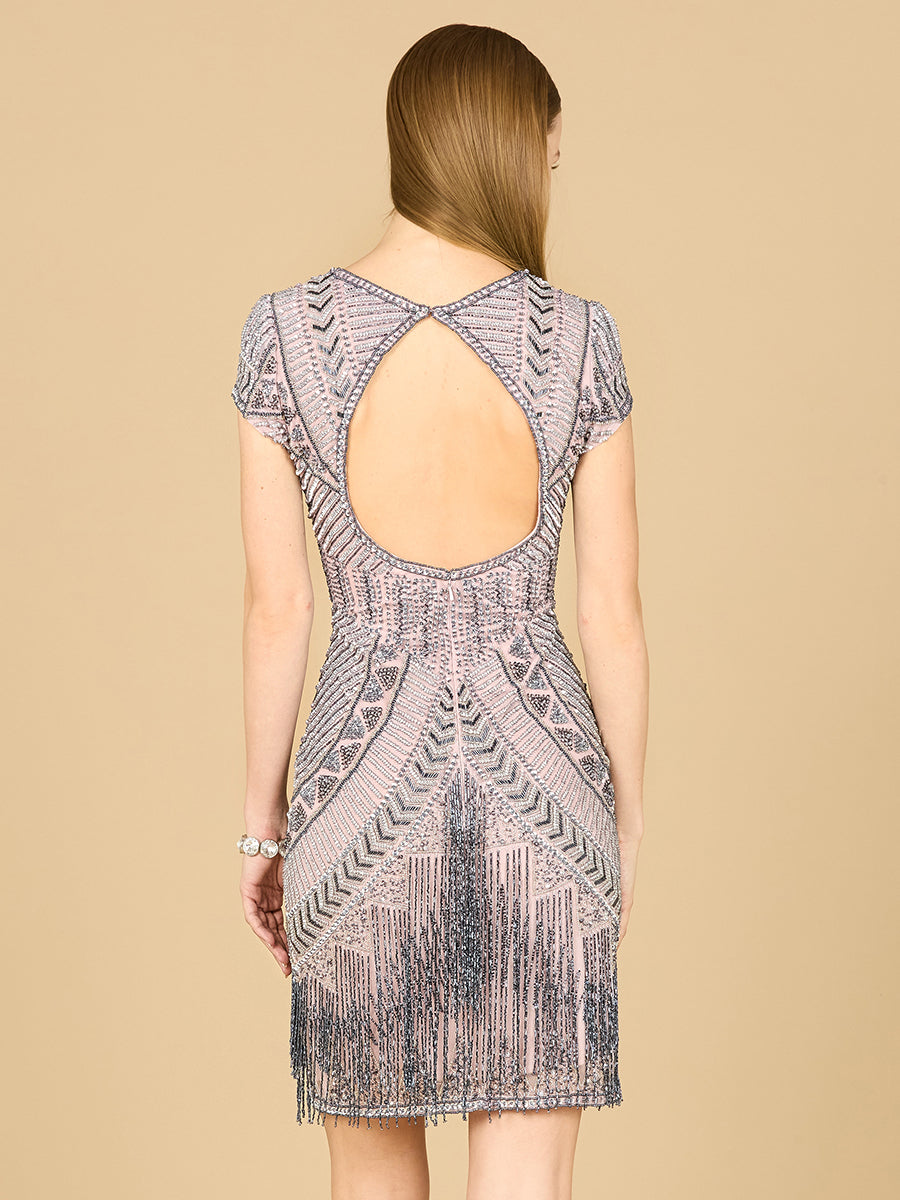 Lara Brooklyn Beaded Fitted Short Dress with Open Back Lara New York