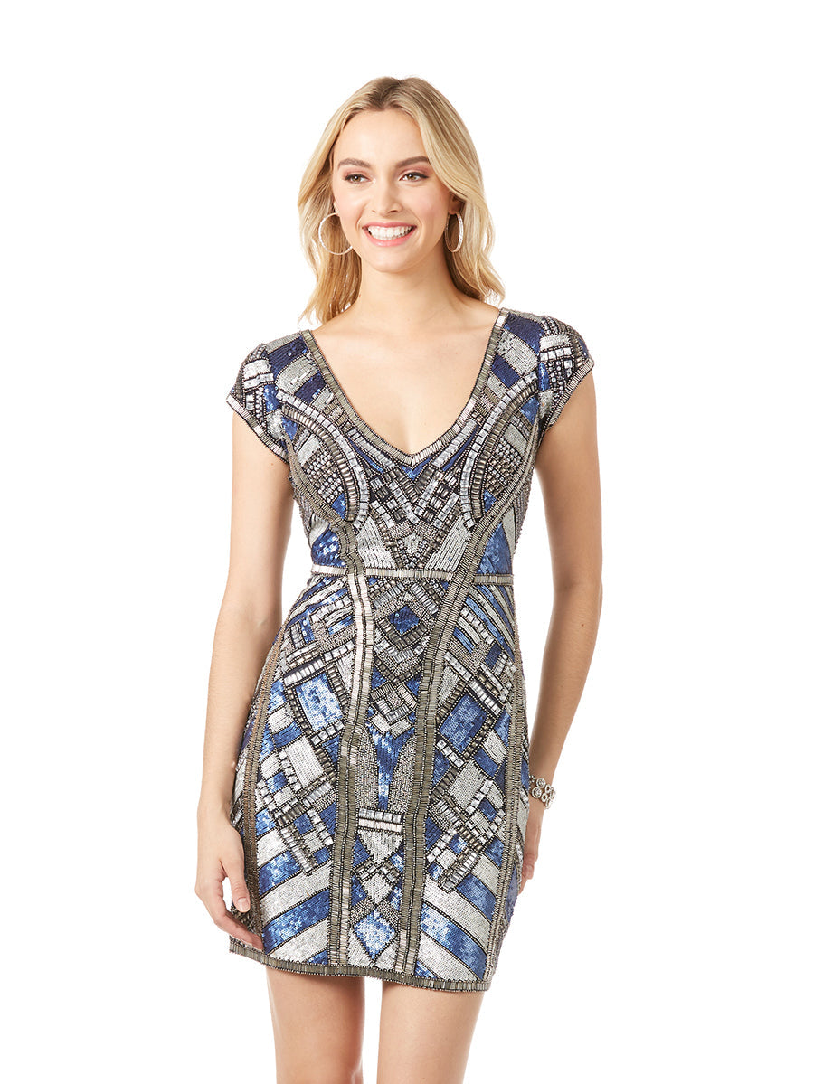 Lara 29909 - Beaded, V-neck Mini Dress Lara New York