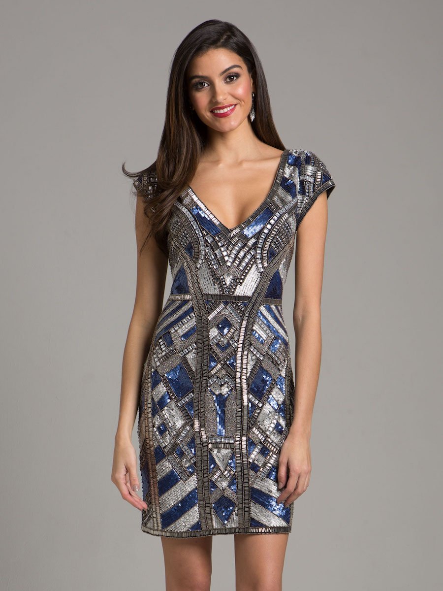 Lara 29909 - Beaded, V-neck Mini Dress Lara New York