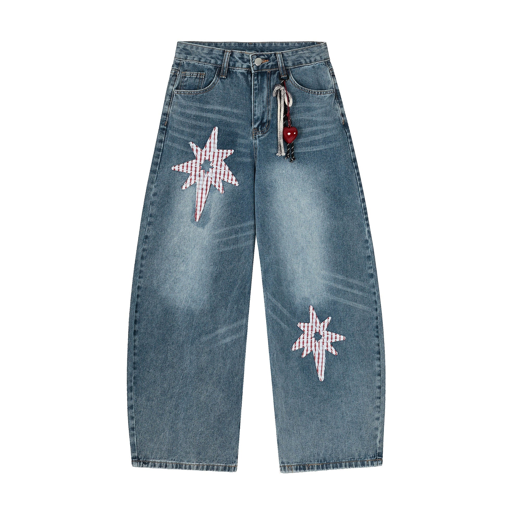 Gingham Star Patchwork Straight Denim - Designer Distressed Star Motif Jeans | LuxuryUrbanwear - Luxuryurbanwear