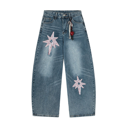 Gingham Star Patchwork Straight Denim - Designer Distressed Star Motif Jeans | LuxuryUrbanwear - Luxuryurbanwear