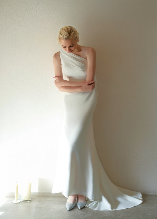 Minimalist One-Shoulder Silky Satin Wedding Dress with Draped Back SelenaHuanStudio