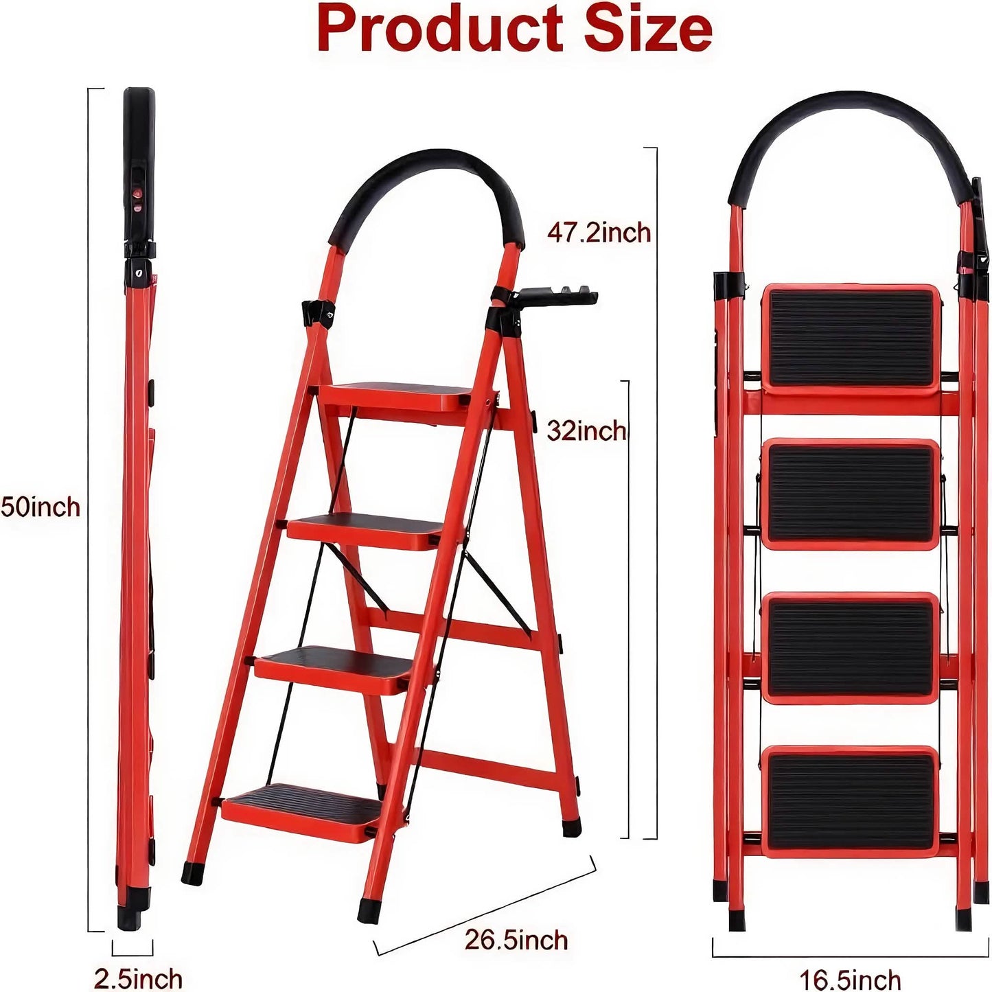 Folding 3/4-Step Ladder – Portable Steel Step Stool, Anti-Slip DailySale