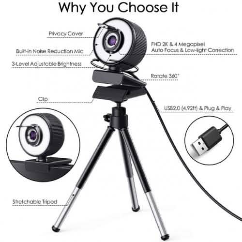 2K HD Webcam with Built-In 18 LED Adjustable Ring Light and Microphone DailySale