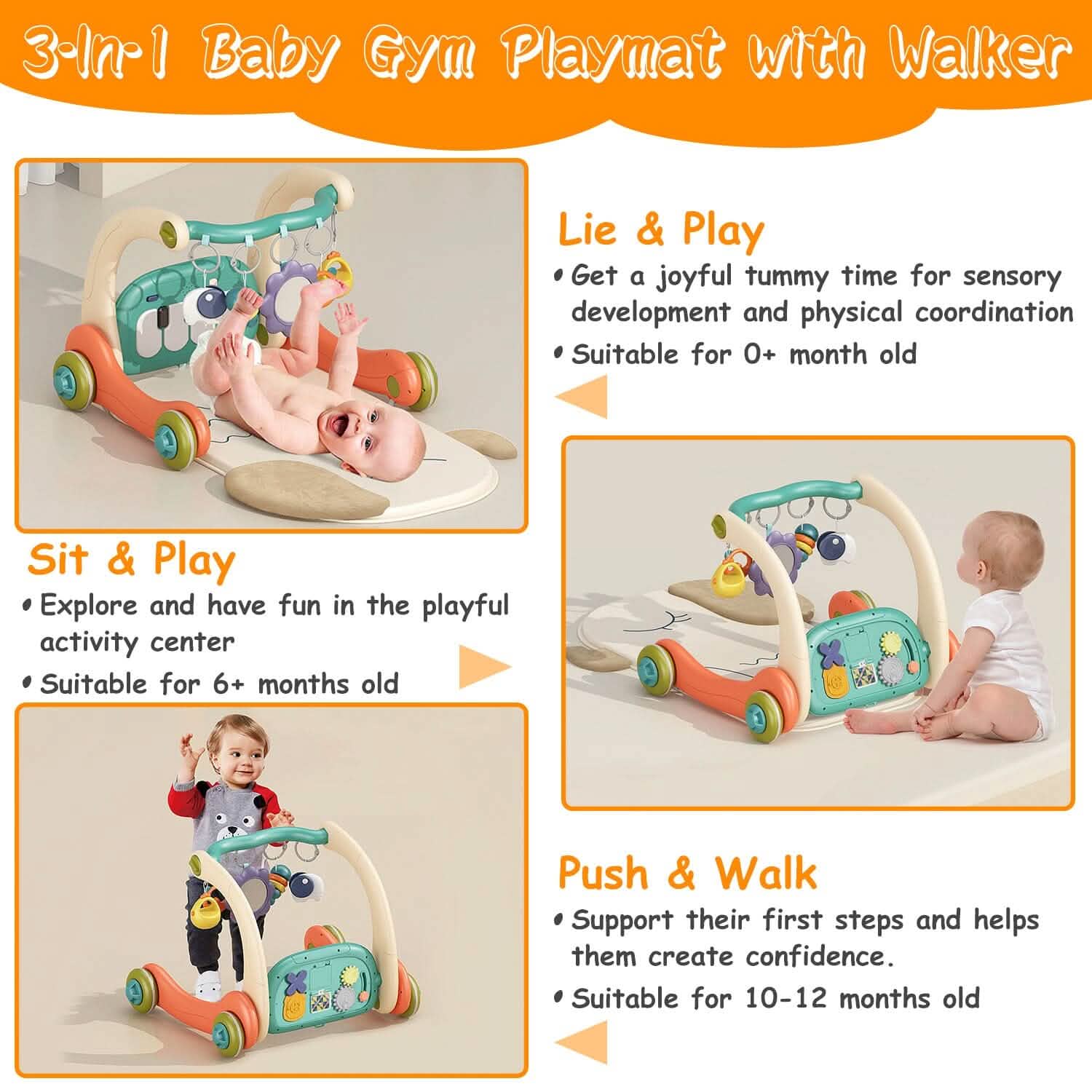 3-in-1 Baby Gym Playmat with Learning Walker for 0-12 Months Old DailySale