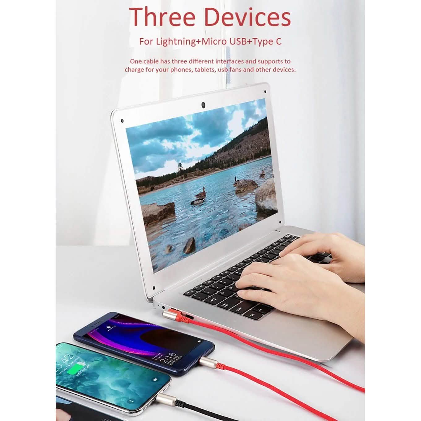 3-In-1 Charging Cable USB to Micro USB + Type C + Lightning Charging Cable Fast Charging DailySale