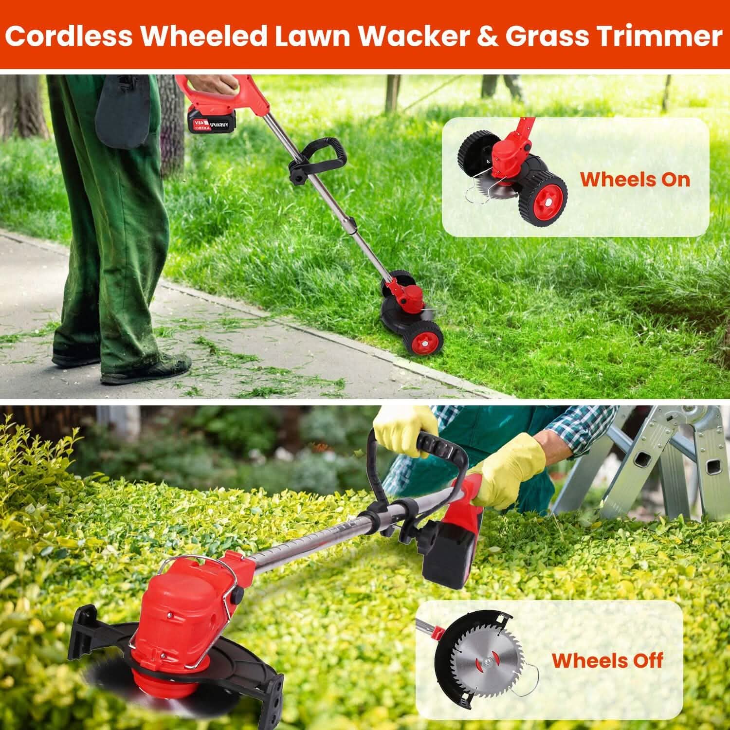 3-in-1 Electric Cordless Grass Wacker Battery Powered Grass Trimmer with Wheels Adjustable Head with 2-Pieces 2500mAh Batteries DailySale