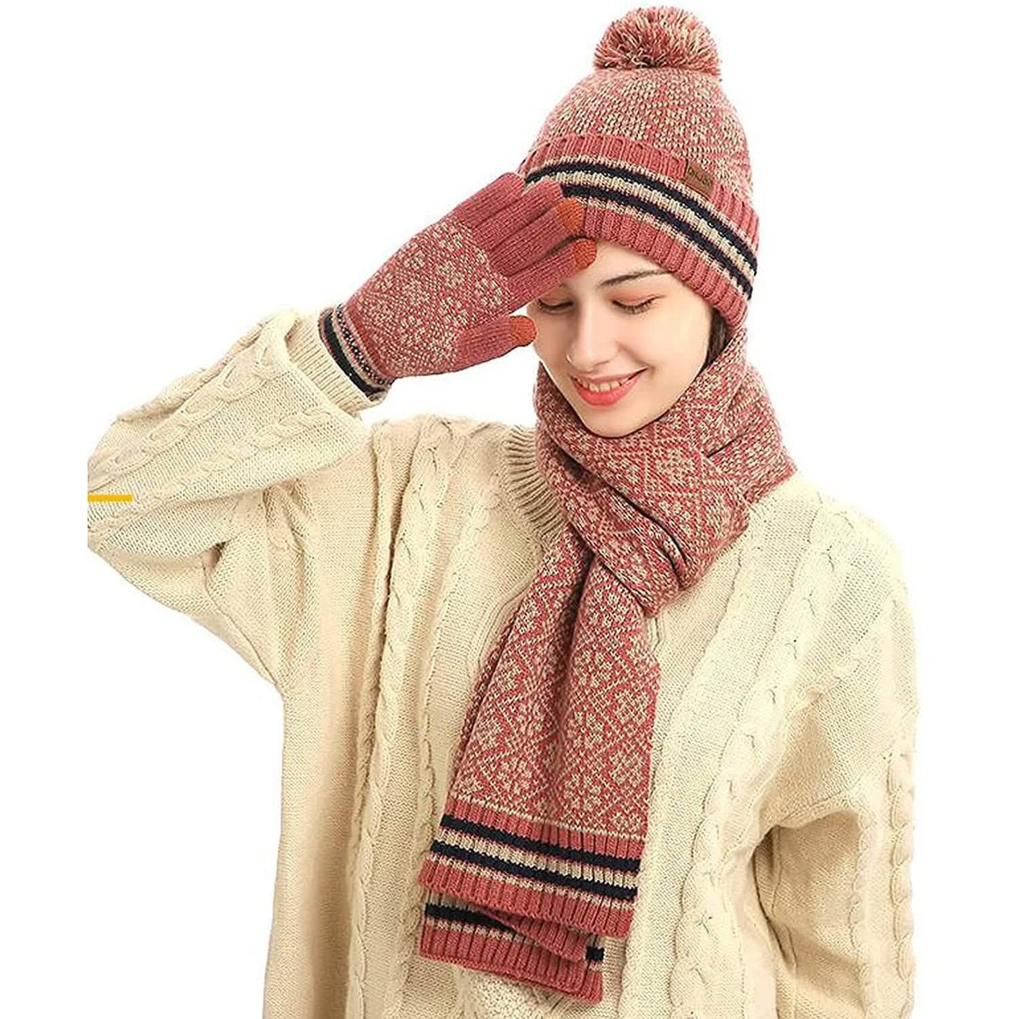 3-in-1 Soft Warm Thick Cable Knitted Beanie Hat Scarf and Gloves Winter Set DailySale