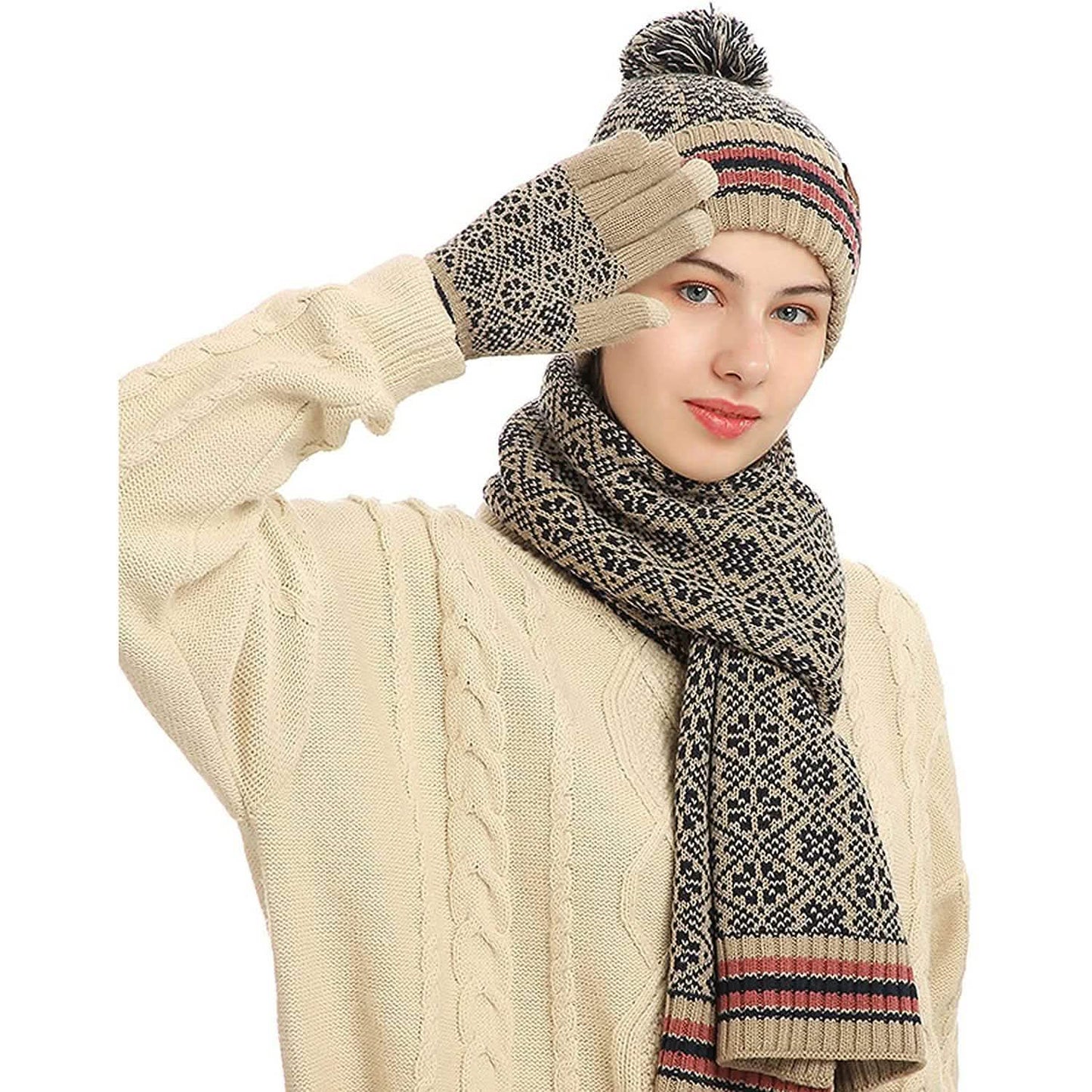 3-in-1 Soft Warm Thick Cable Knitted Beanie Hat Scarf and Gloves Winter Set DailySale