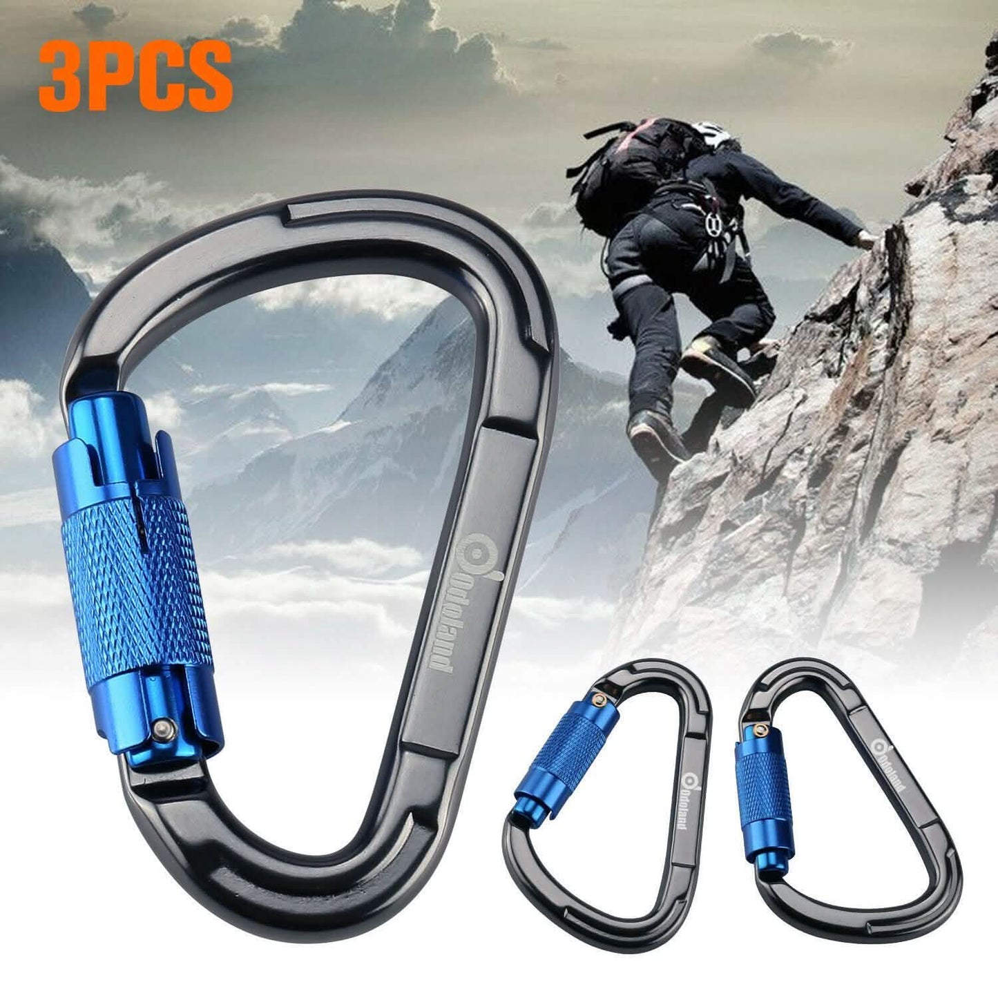 3-Pack: Auto Locking Rock Climbing Carabiner Clips Heavy Duty Caribeaners D-Shaped DailySale