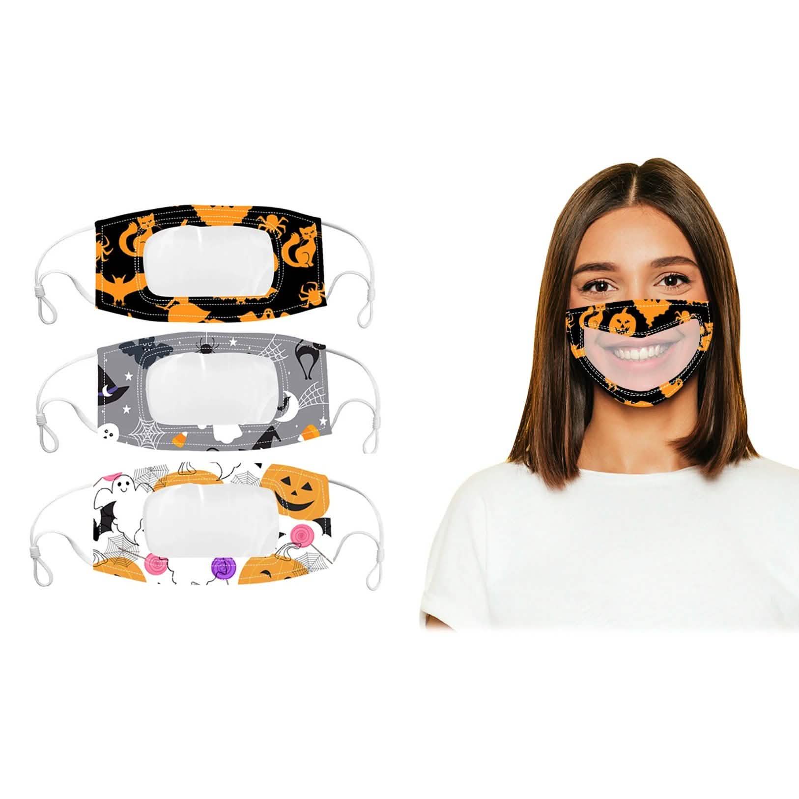 3-Pack: Halloween Edition Smile Communicator Clear Mouth Face Mask DailySale