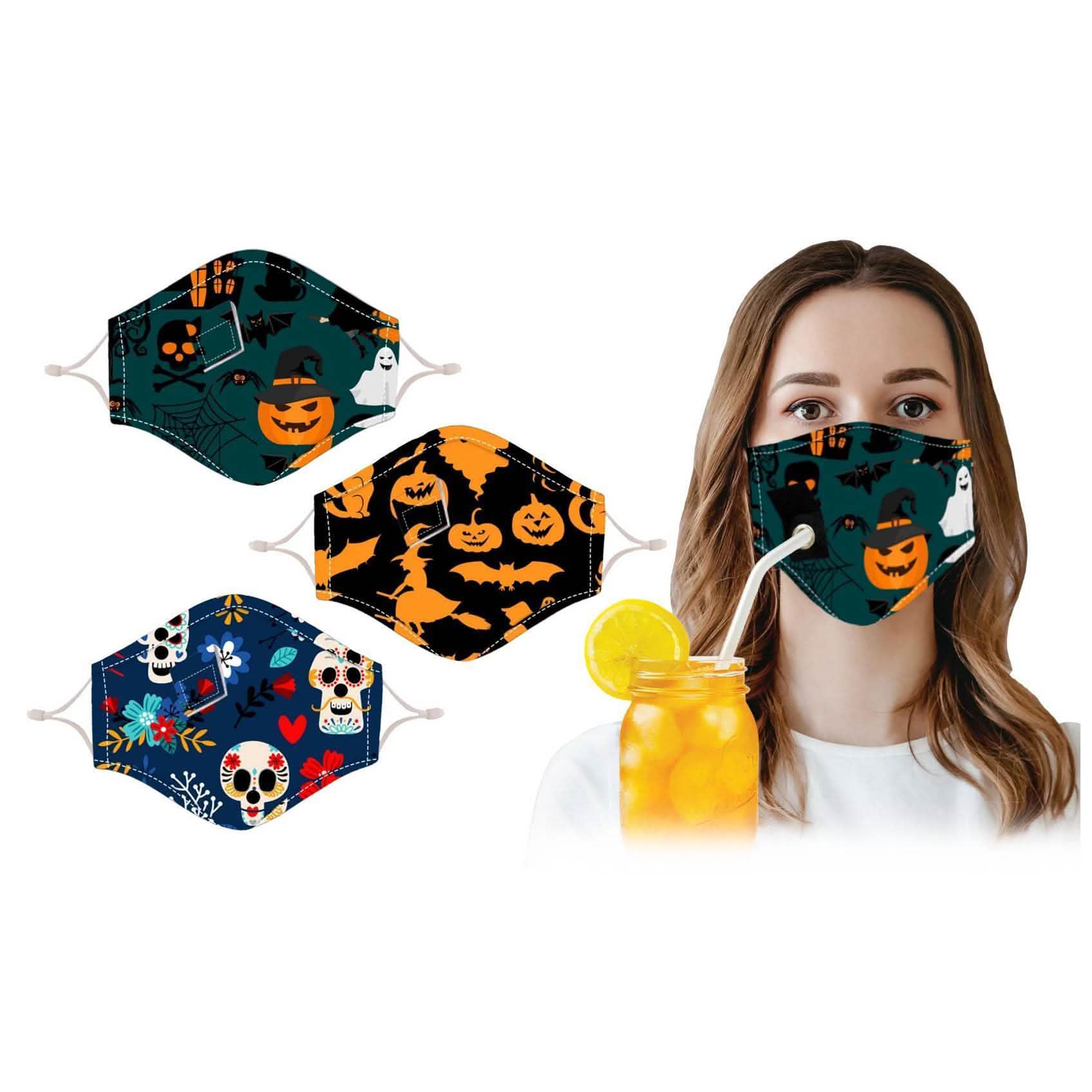 3-Pack: Halloween Special Reusable Face Mask With Drinking Straw Hole DailySale
