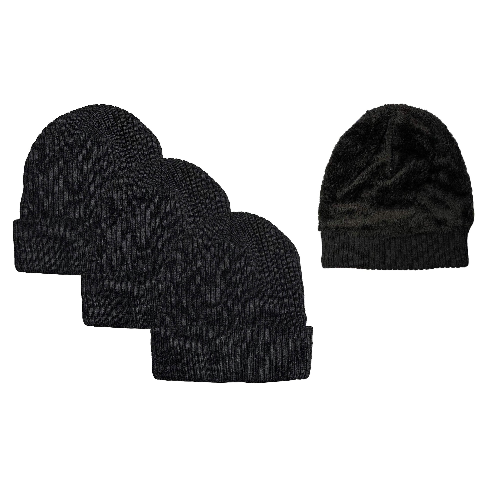 3-Pack: Unisex Black Sherpa Fleece-Lined Ribbed Beanie Hat DailySale