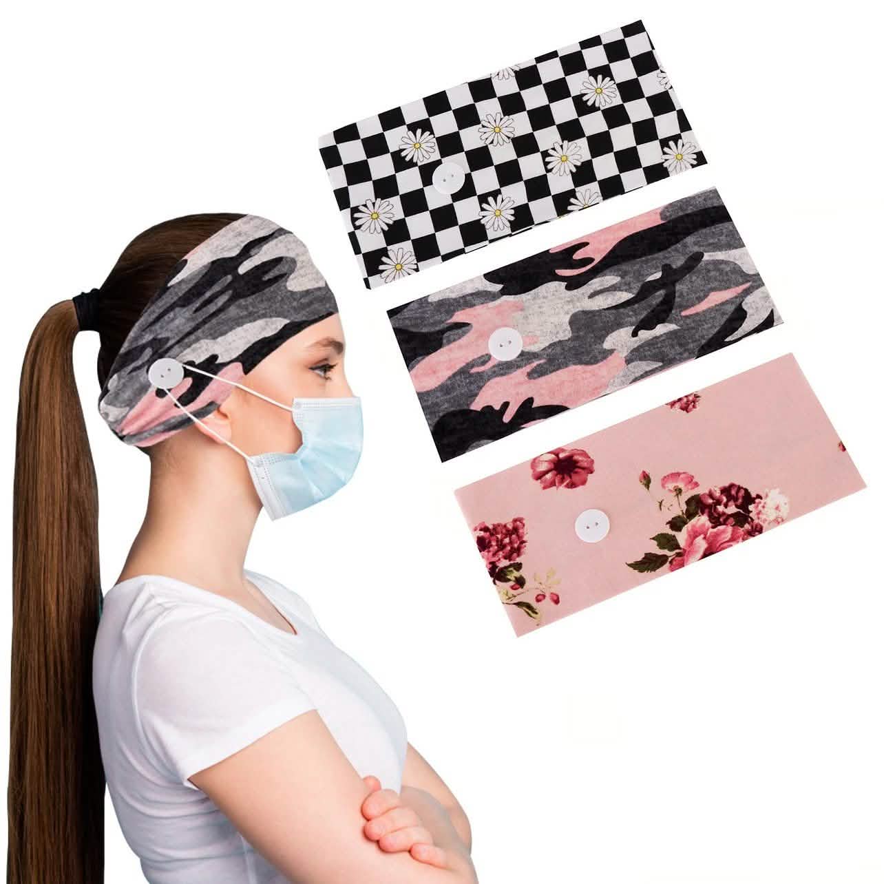 3-Pack: Women's Comfy Stretchy Headband With Buttons For Face Masks and Covers DailySale
