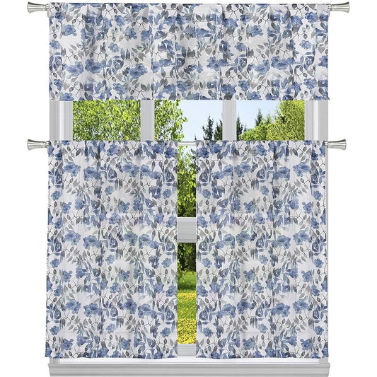 3-Piece: Chic Floral Pattern Semi-Sheer Kitchen Curtain Tier and Valance Set DailySale