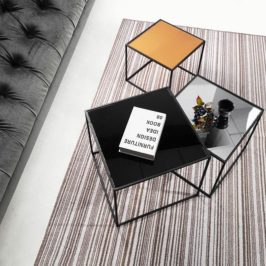 3-Piece: Mirror Top Nesting Coffee Table End Desk/Side Table Set in Black Steel Tube DailySale