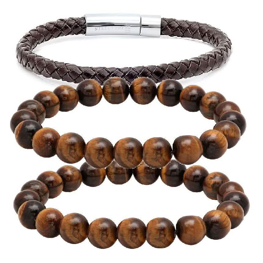 3-Piece Set: Brown Leather Stainless Steel & Genuine Tiger Eye Beaded Bracelet Set DailySale