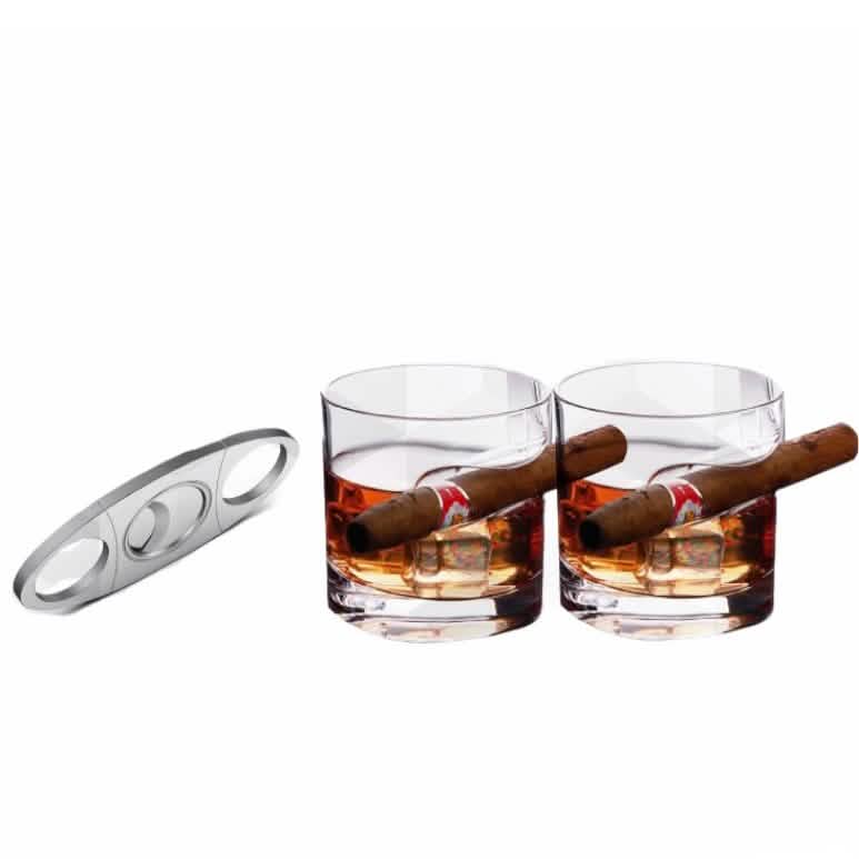 3-Piece Set: Cigar-Holding Whiskey Glasses with Cigar Cutter DailySale