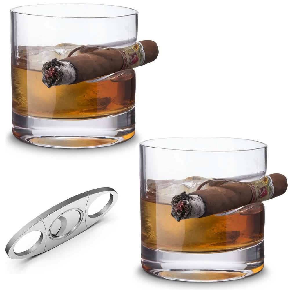 3-Piece Set: Cigar-Holding Whiskey Glasses with Cigar Cutter DailySale