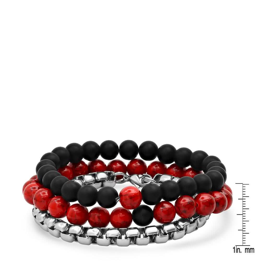 3-Piece Set: Men's Black Lava, Red Agate And Round Box Link Bracelets DailySale