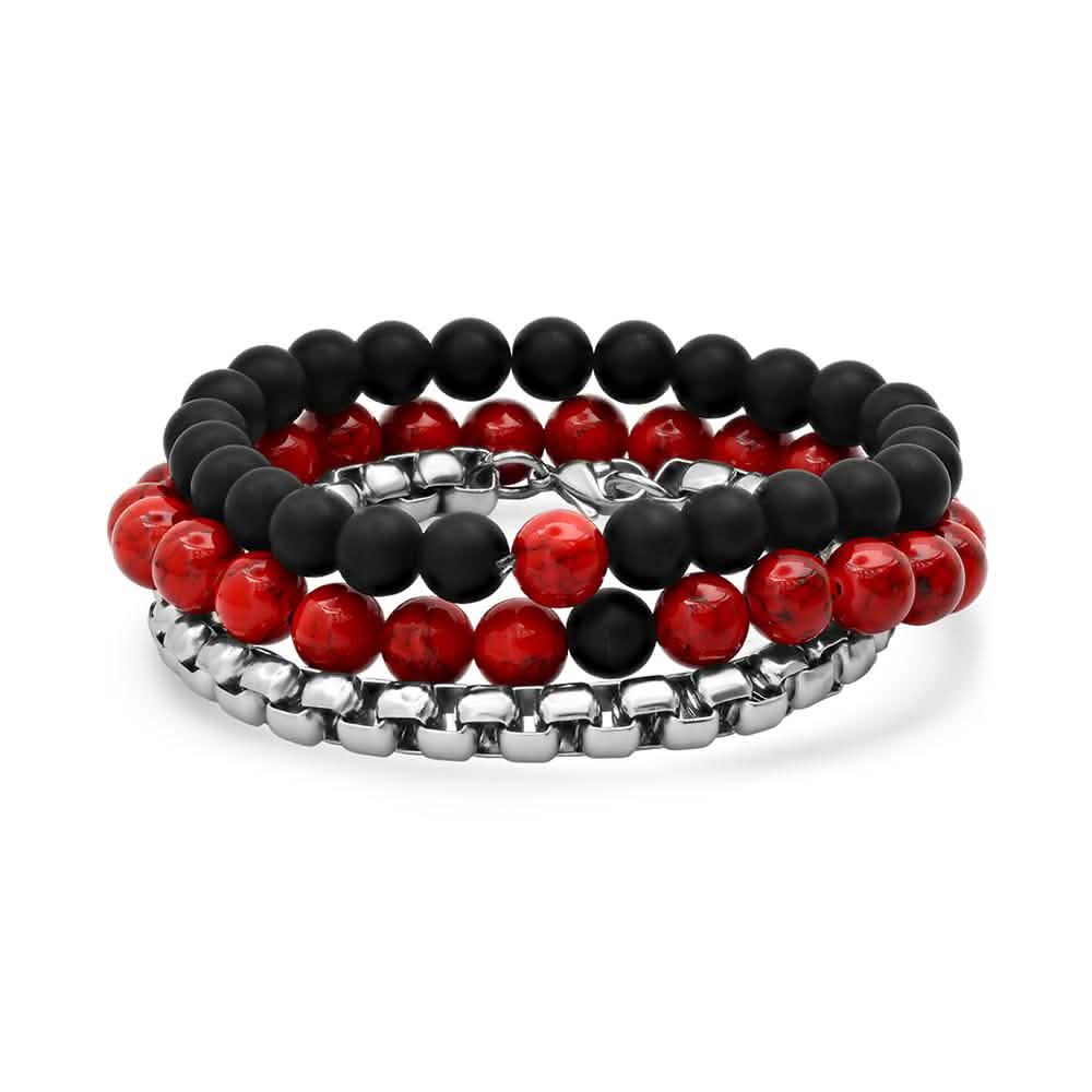 3-Piece Set: Men's Black Lava, Red Agate And Round Box Link Bracelets DailySale