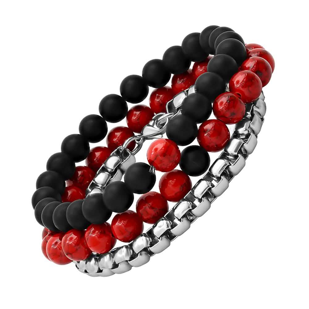 3-Piece Set: Men's Black Lava, Red Agate And Round Box Link Bracelets DailySale