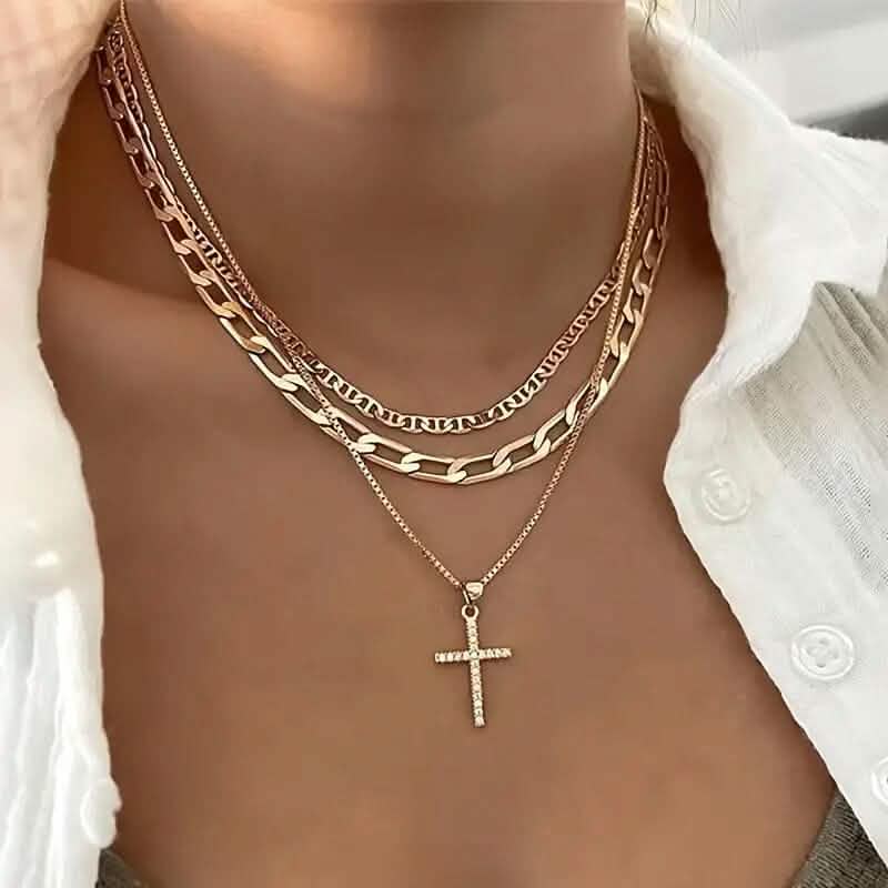 3-Piece: Women's Retro Luxury Artificial Crystal Cross Stackable Necklace Set DailySale