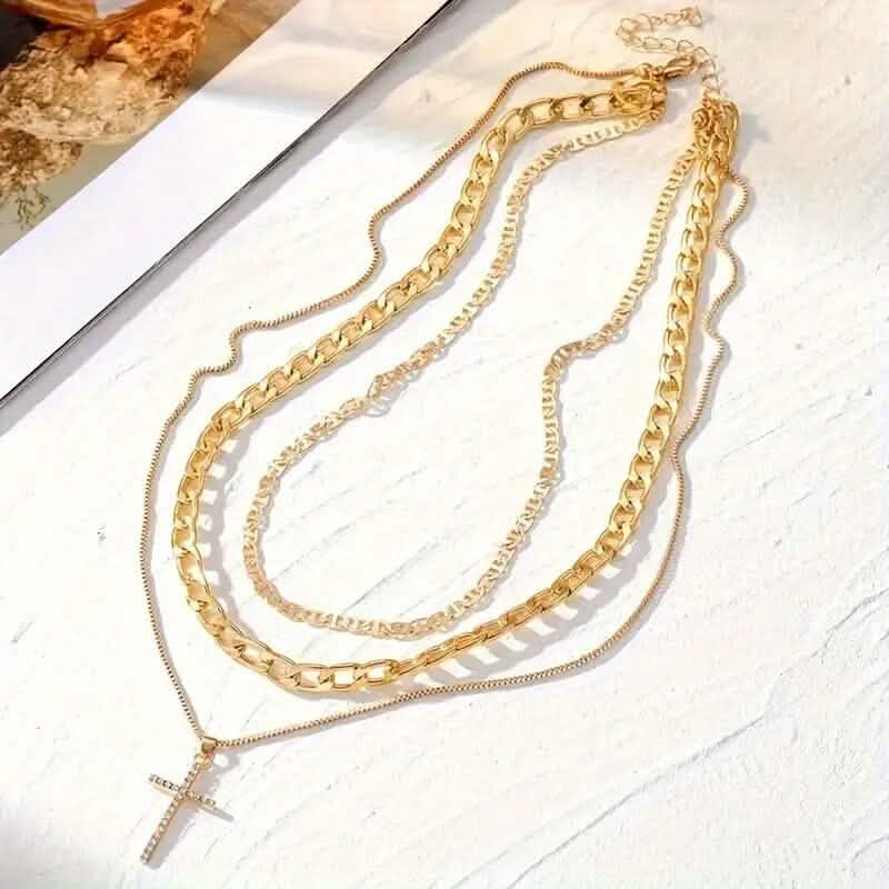 3-Piece: Women's Retro Luxury Artificial Crystal Cross Stackable Necklace Set DailySale
