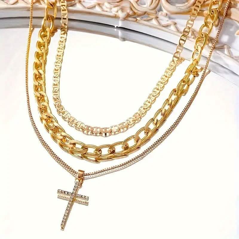 3-Piece: Women's Retro Luxury Artificial Crystal Cross Stackable Necklace Set DailySale