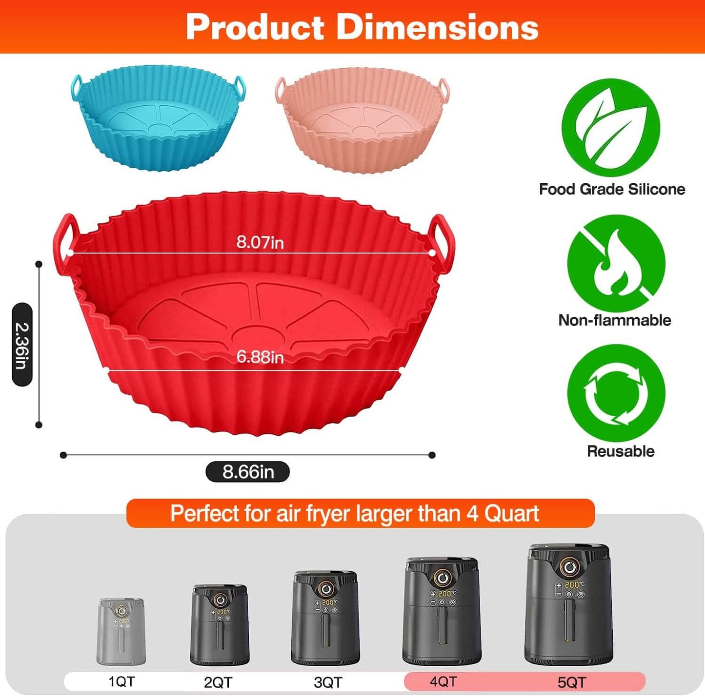 3-Pieces: Reusable Foldable Air Fryer Silicone Pot for 4+ Quart Air Fryer Oven DailySale