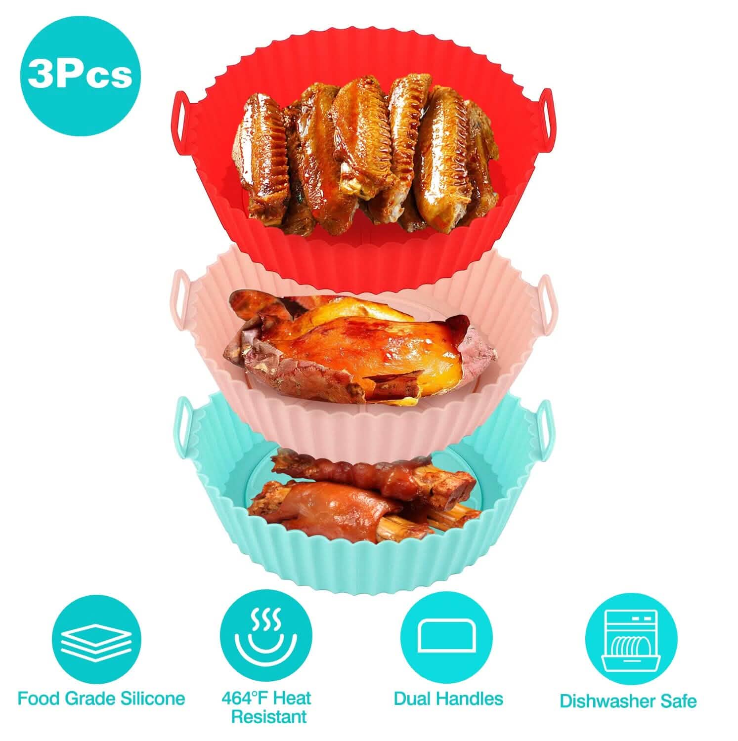 3-Pieces: Reusable Foldable Air Fryer Silicone Pot for 4+ Quart Air Fryer Oven DailySale