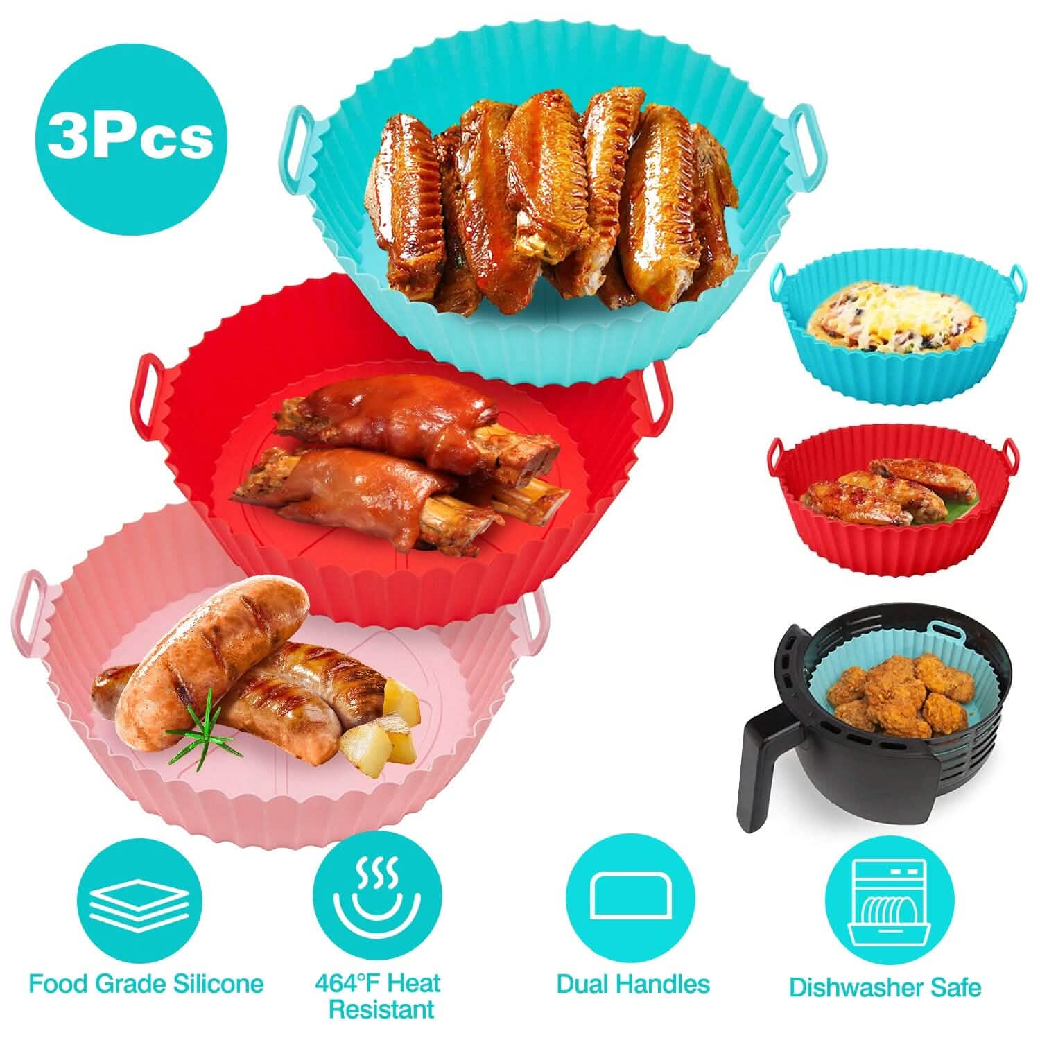 3-Pieces: Reusable Foldable Air Fryer Silicone Pot for 4+ Quart Air Fryer Oven DailySale