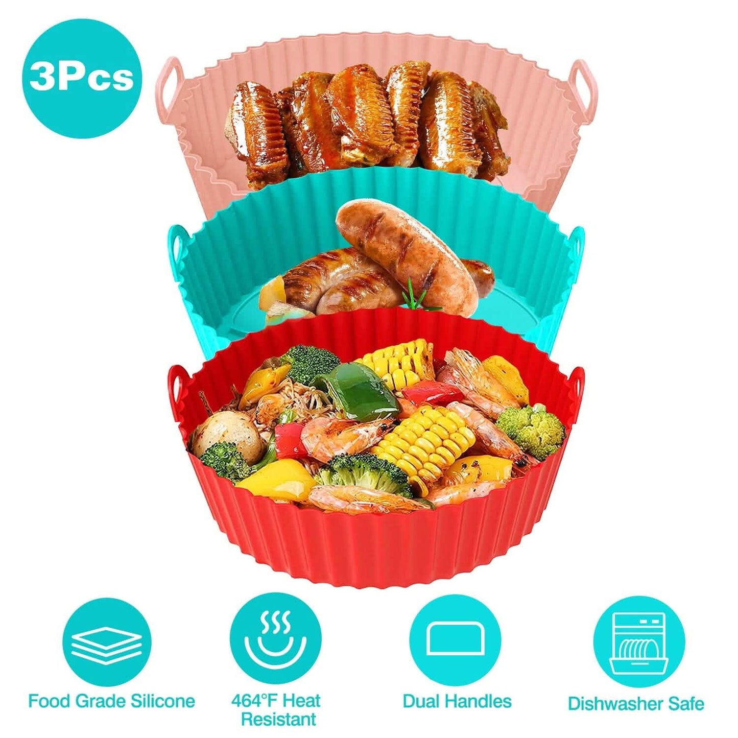 3-Pieces: Reusable Foldable Air Fryer Silicone Pot for 4+ Quart Air Fryer Oven DailySale