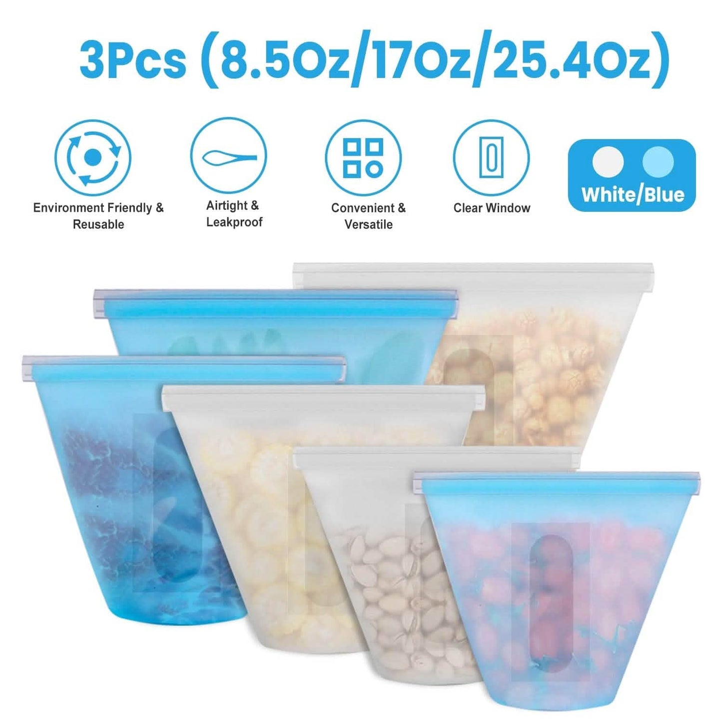3-Pieces: Silicone Food Storage Bags Reusable Leakproof Food Container Set with 3 Seals DailySale