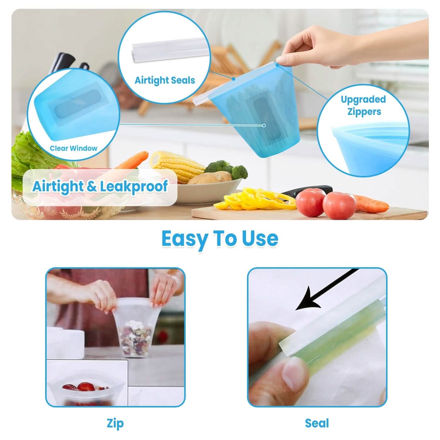 3-Pieces: Silicone Food Storage Bags Reusable Leakproof Food Container Set with 3 Seals DailySale