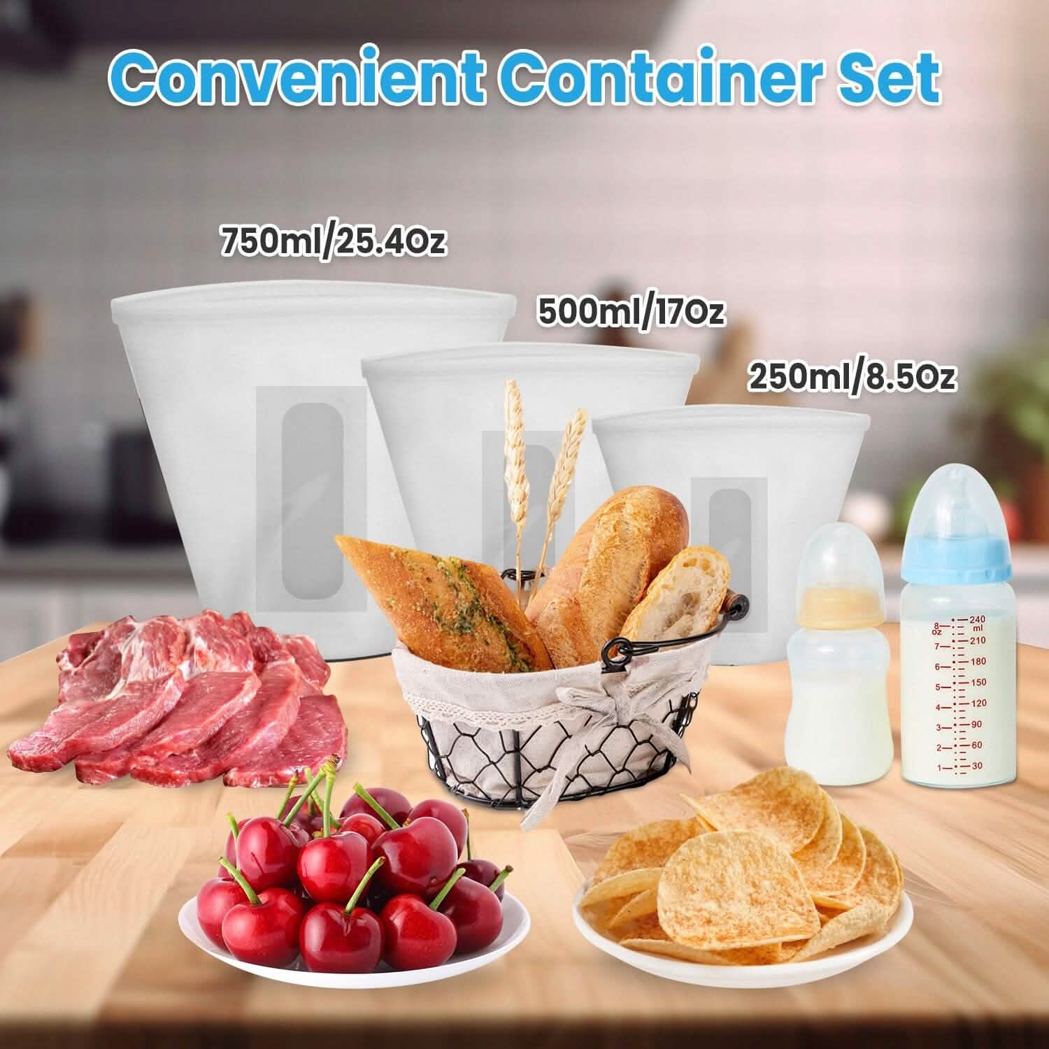 3-Pieces: Silicone Food Storage Bags Reusable Leakproof Food Container Set with 3 Seals DailySale