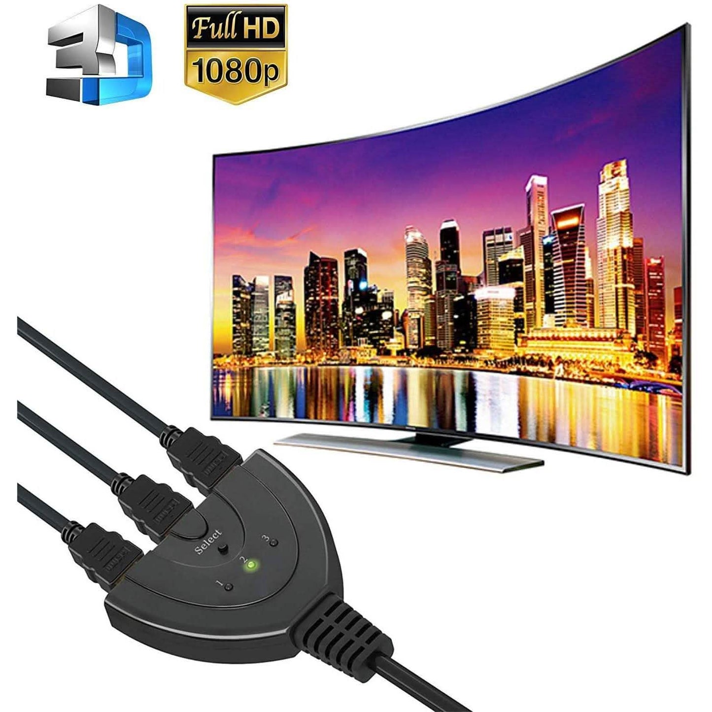 3-Port HDMI Switcher, Splitter, Supports Full HD1080p, 3D with High Speed Pigtail Cable DailySale