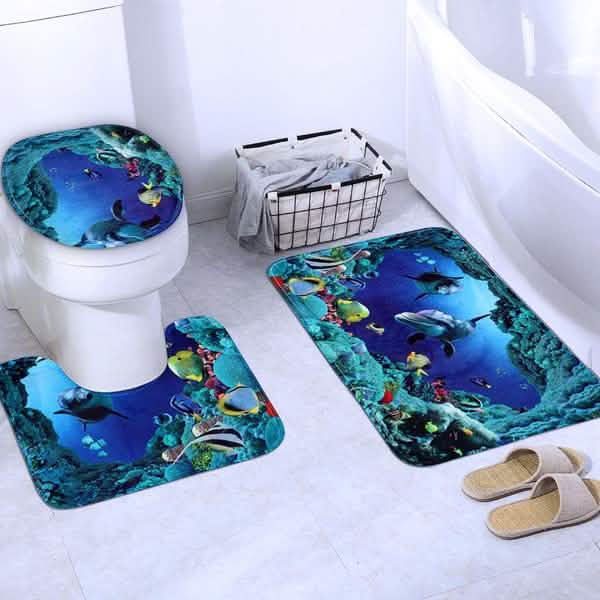 3D Printing Waterproof Shower Curtain Pedestal Rug Toilet Cover Bath Mat Set DailySale