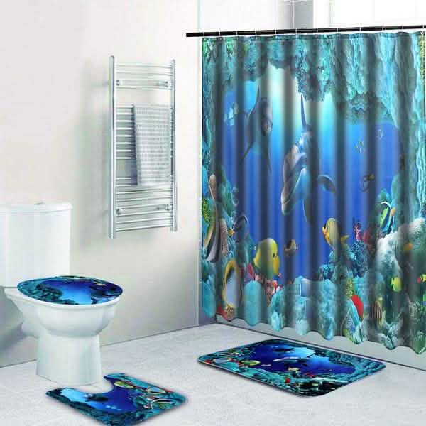 3D Printing Waterproof Shower Curtain Pedestal Rug Toilet Cover Bath Mat Set DailySale